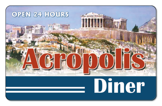 Acropolis Diner Logotype over an image of a Greek Citadel.